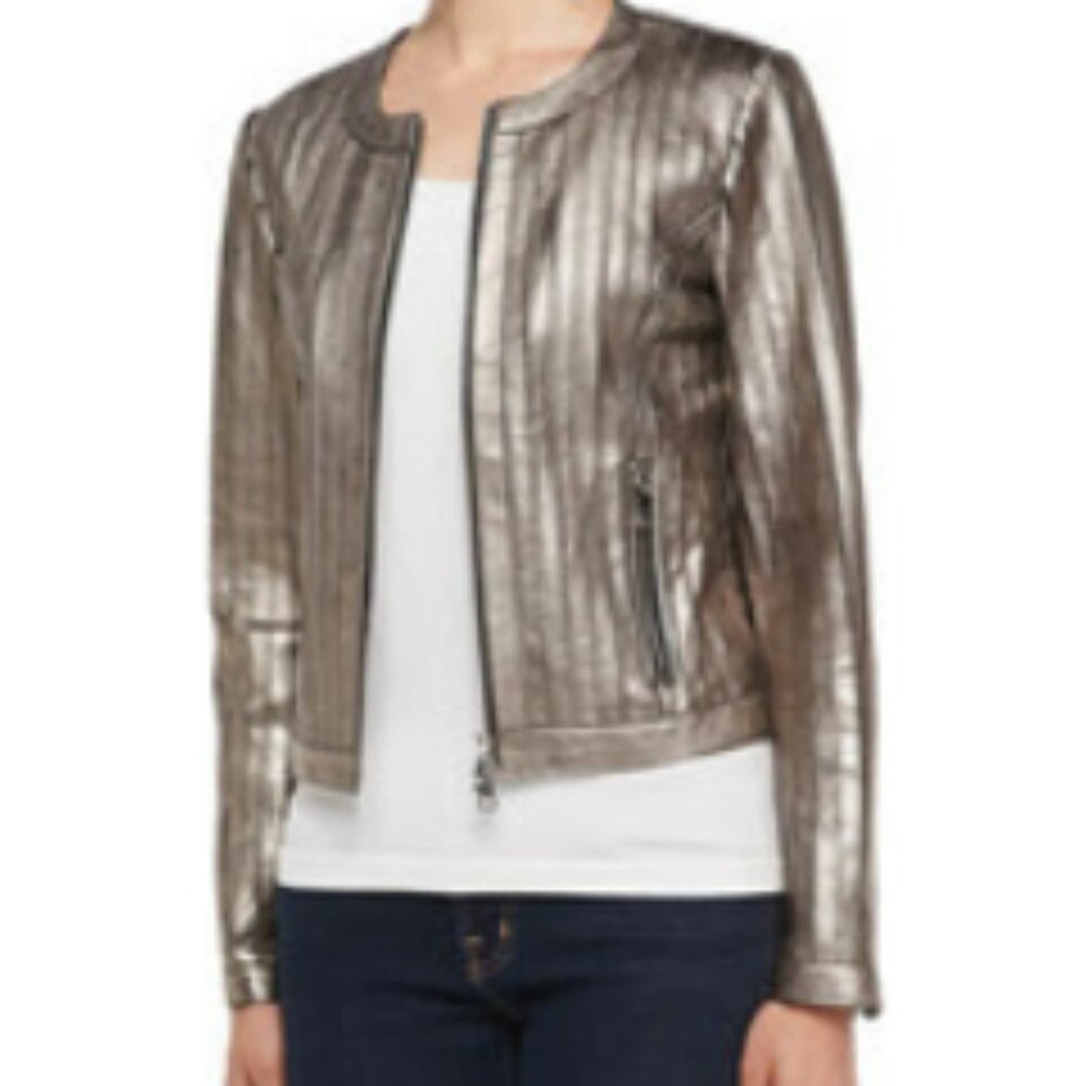 Bagatelle Pintuck Metallic Genuine Leather Collarless Jacket in Taupe/Tan - NWT